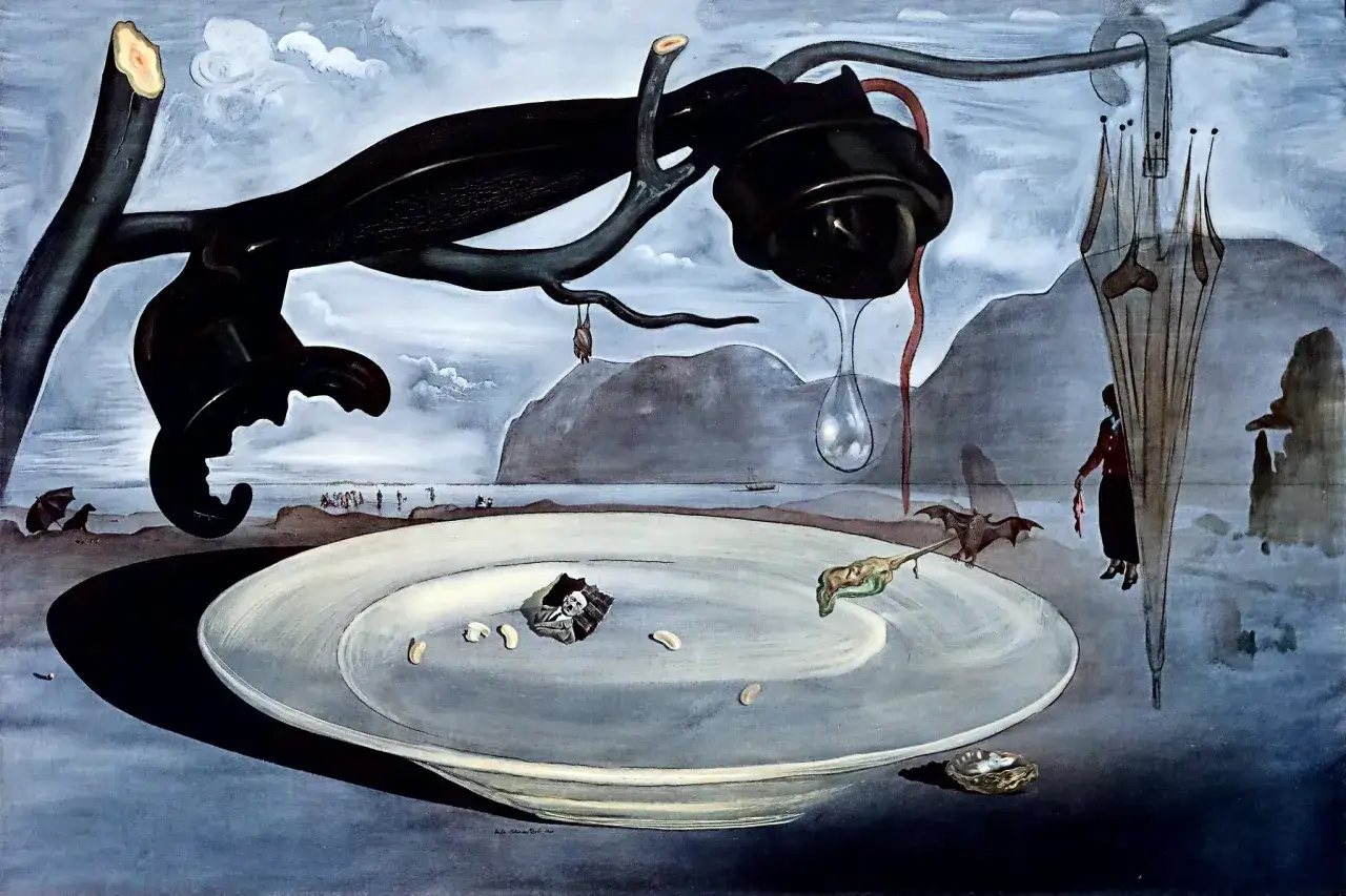 Obraz ukazuje cechy surrealizmu w malarstwie: gigantyczny czarny telefon, wiszącego człowieka, nietoperza i talerz z fasolami na tle krajobrazu.