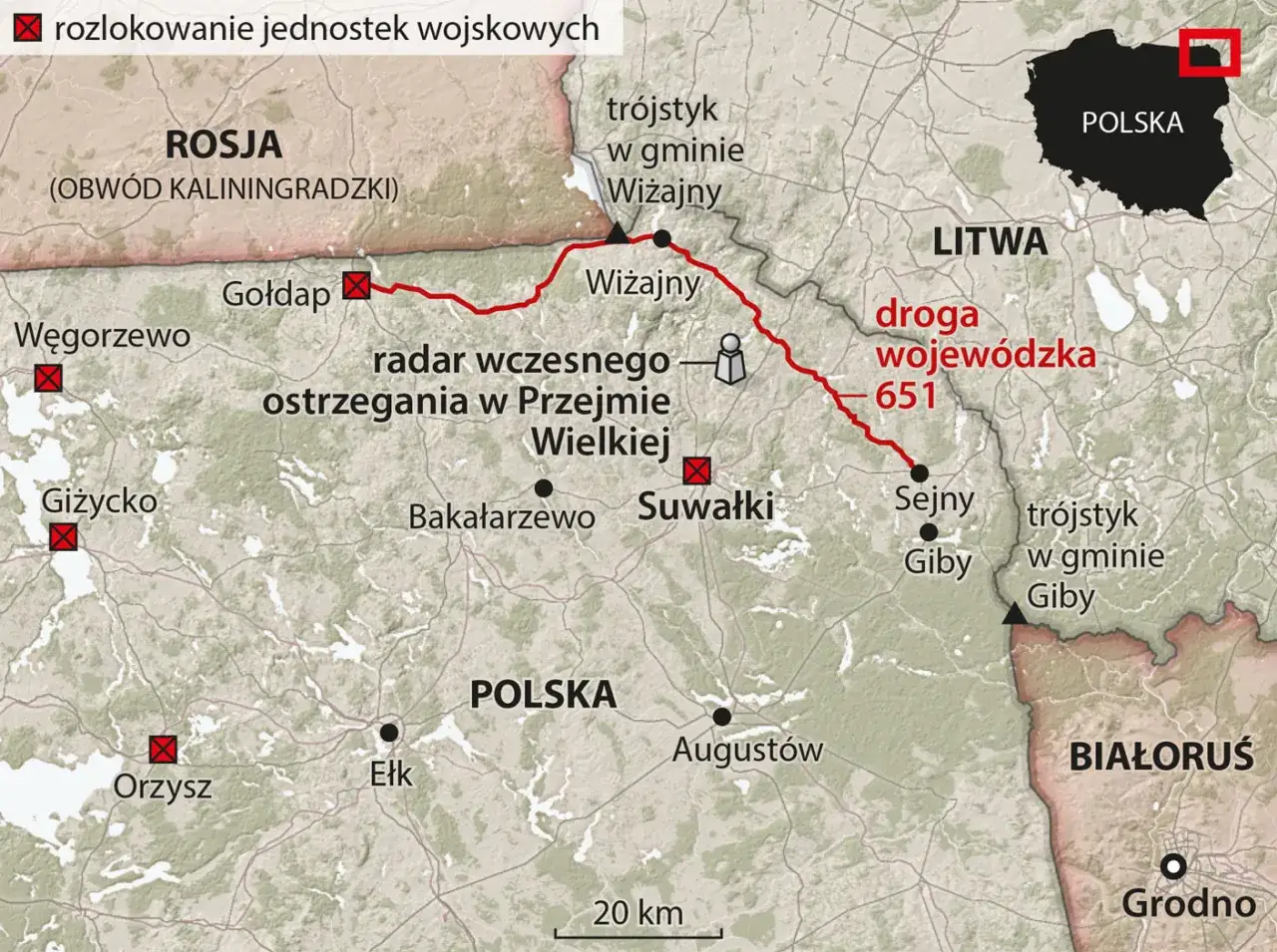Mapa pokazuje północno-wschodnią Polskę, graniczącą z Rosją (Obwód Kaliningradzki), Litwą i Białorusią. Czy Polska graniczy z Łotwą? Nie, mapa tego nie pokazuje.
