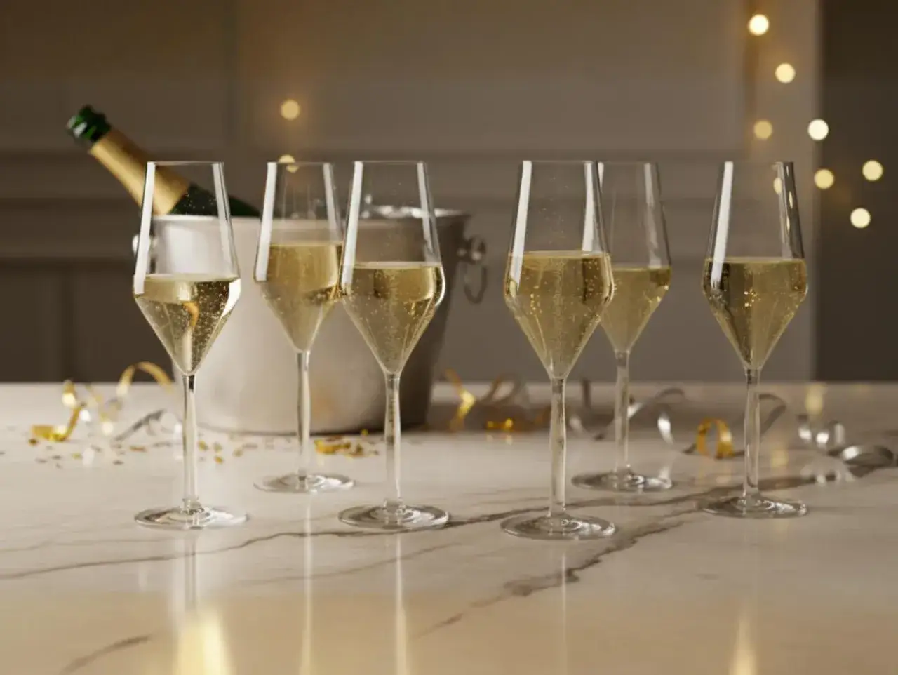 Sechs Gl&auml;ser Champagner stehen bereit, eine Flasche im Eisk&uuml;hler. So trinkt man Champagner: festlich und mit Stil.