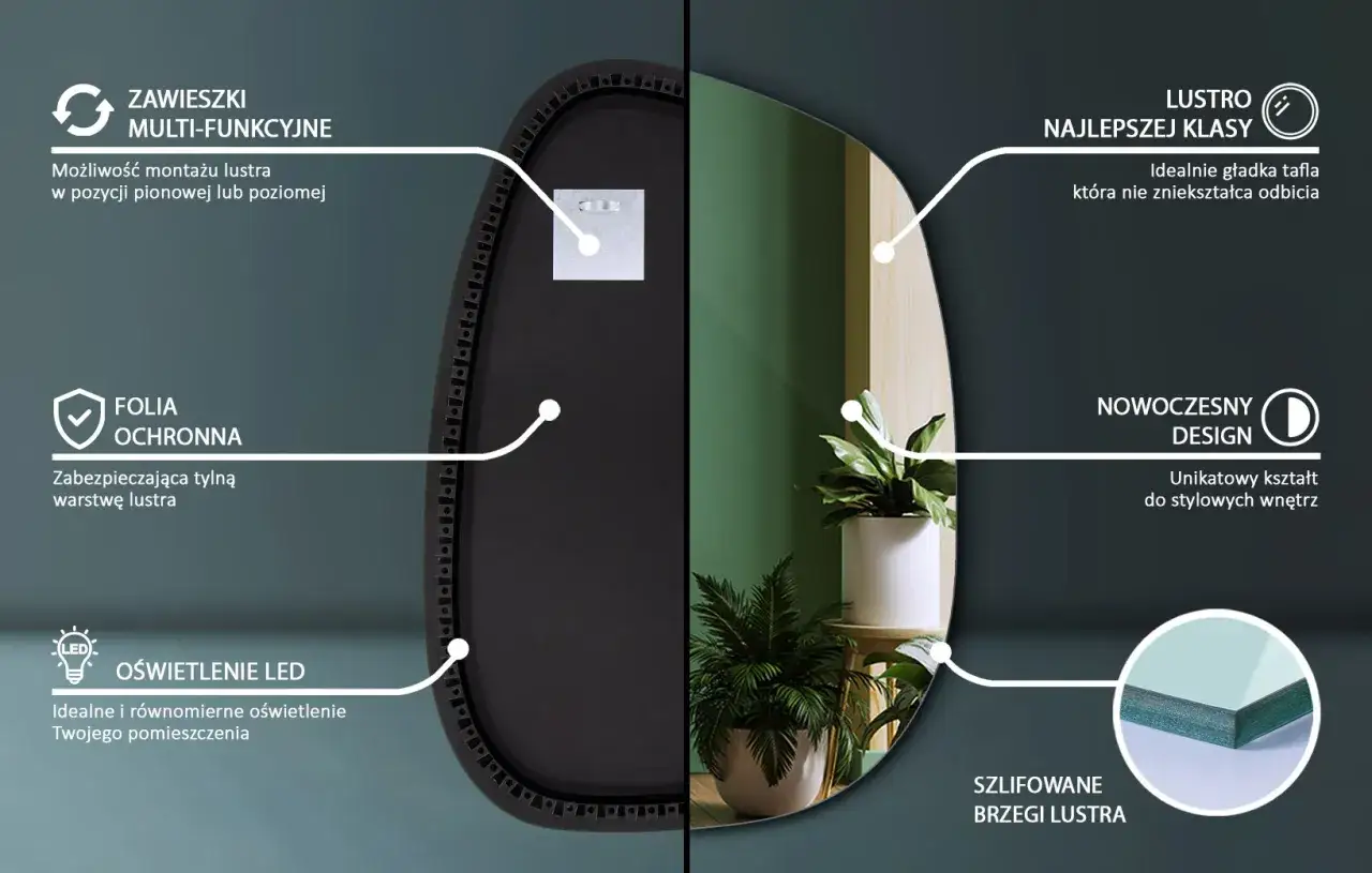 Eleganckie lustro do ściany z oświetleniem LED, wielofunkcyjnymi zawieszkami i szlifowanymi brzegami. Nowoczesny design.