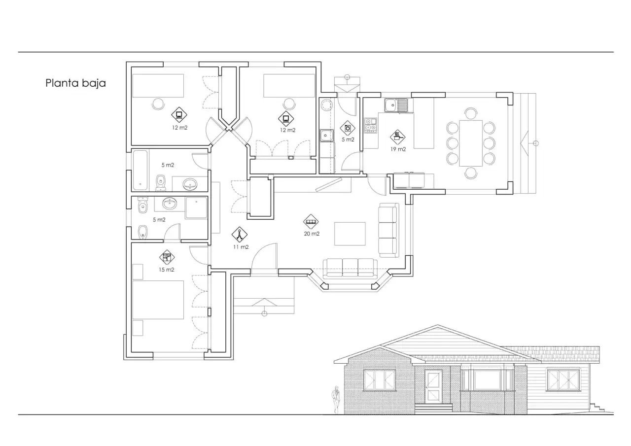 Plano casa orientacion sur: distribuci&oacute;n de planta baja con sal&oacute;n, cocina-comedor, tres dormitorios y dos ba&ntilde;os. Fachada de la vivienda.