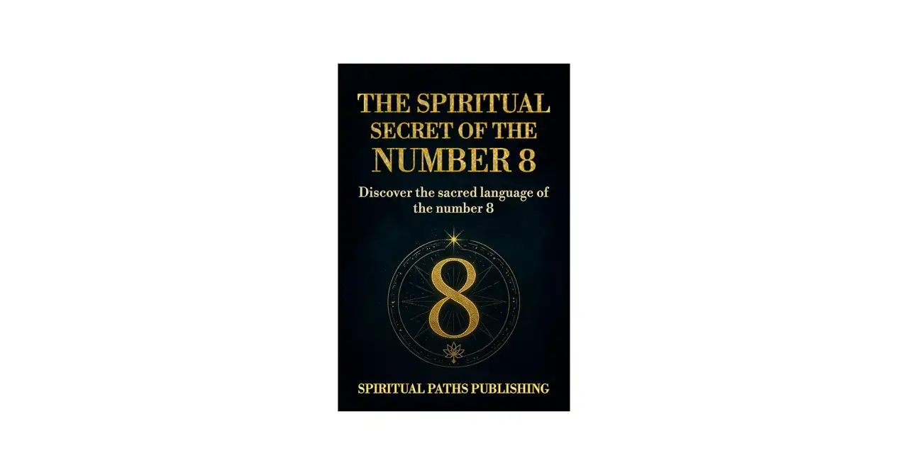 Portada de libro sobre el significado del n&uacute;mero 8, con un gran 8 dorado en el centro y texto que invita a descubrir su lenguaje sagrado.