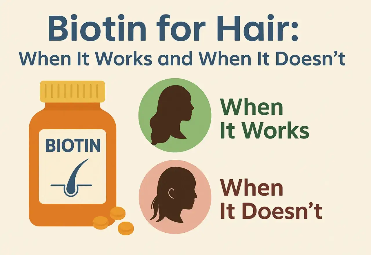 En flaska med biotin tabletter för hår. Bilden visar när biotin fungerar och när det inte gör det, med silhuetter av kvinnor.
