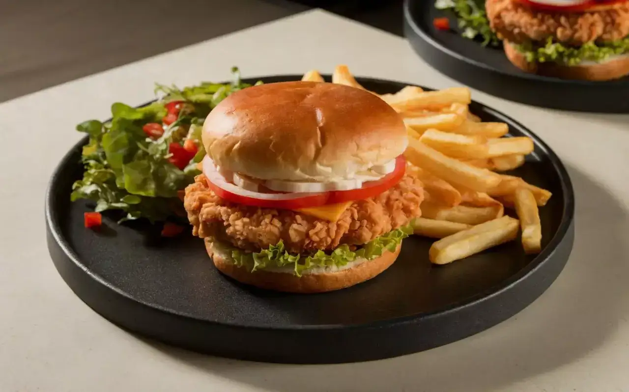 Pyszny smashburger z chrupiącym kurczakiem, serem, warzywami i frytkami na czarnym talerzu.