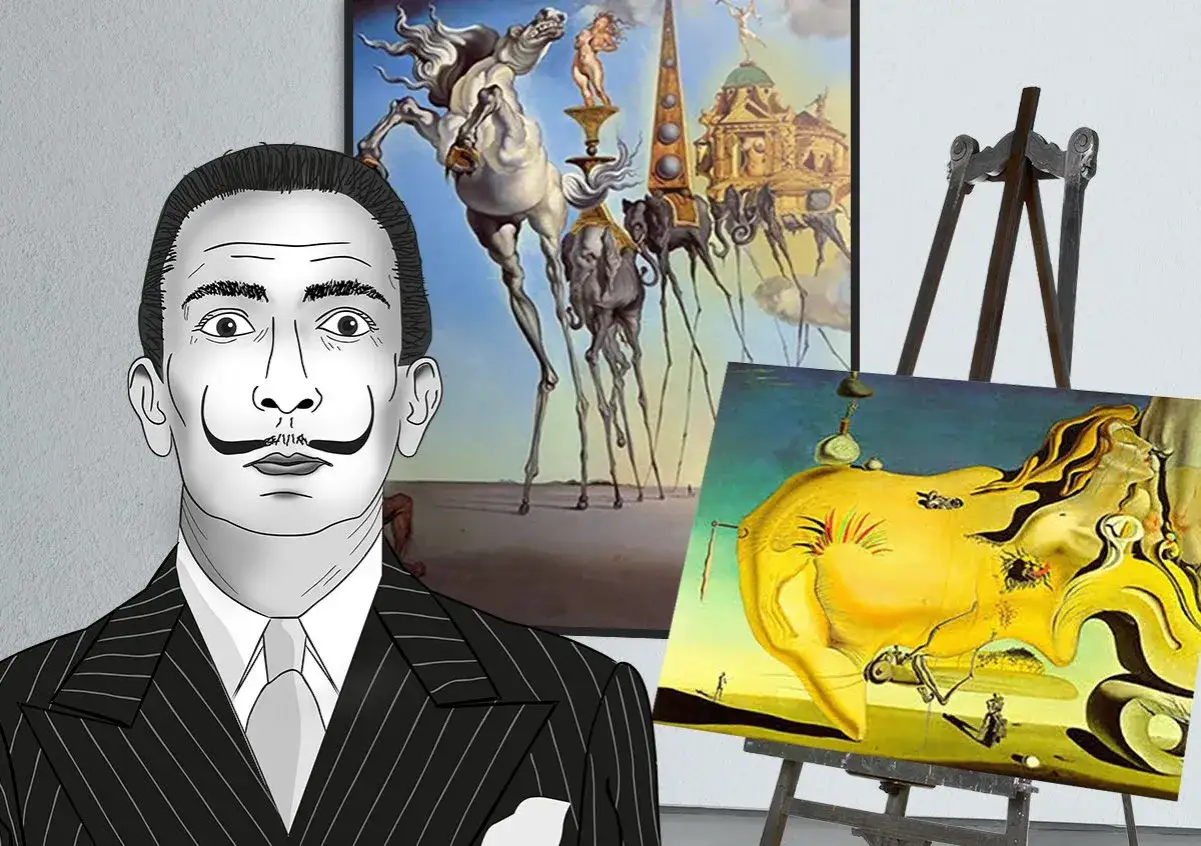 Salvador Dal&iacute; konst: en tecknad bild av konstn&auml;ren med tv&aring; av hans surrealistiska m&aring;lningar, en med elefanter p&aring; styltor och en med en sm&auml;ltande figur.