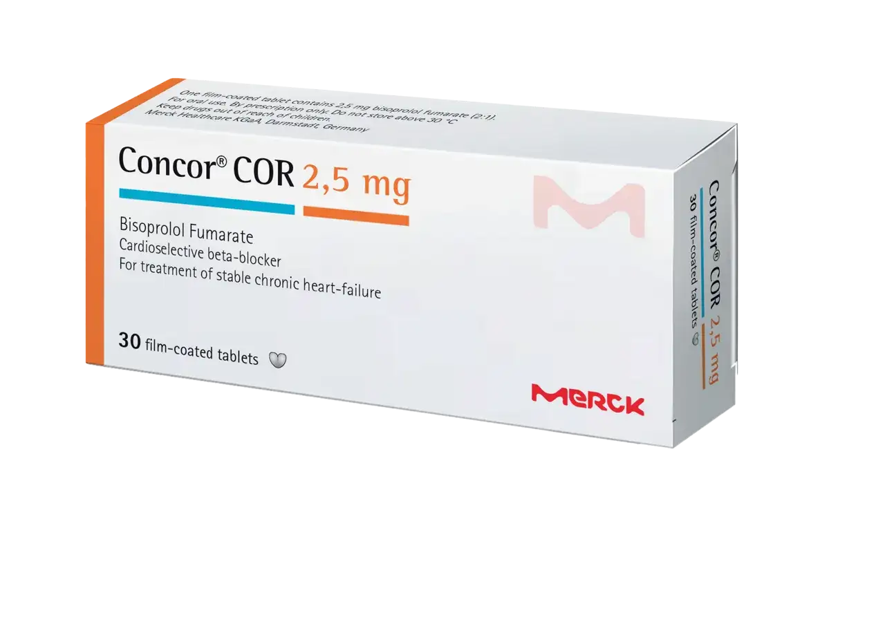Opakowanie leku Concor® COR 2,5 mg, zawierające 30 tabletek powlekanych, stosowane w leczeniu niewydolności serca.