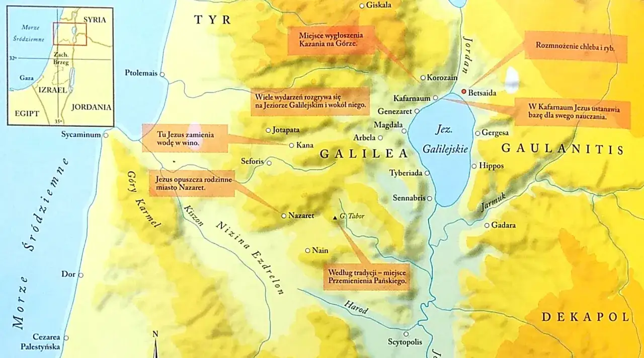 Mapa pokazuje, gdzie leży Nazaret, miasto rodzinne Jezusa, w Galilei, niedaleko Jeziora Galilejskiego.