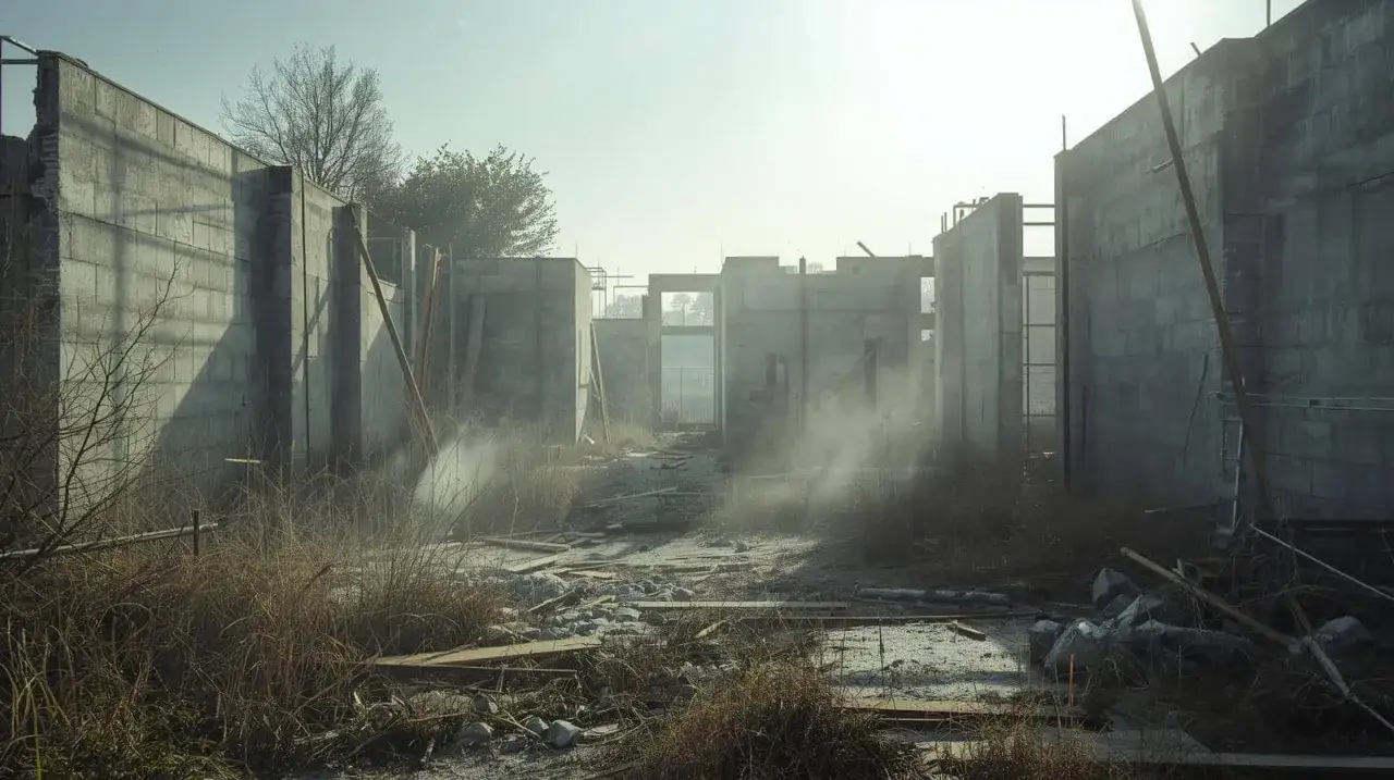Un chantier à l'abandon, murs de béton brut, débris et herbes folles sous un ciel brumeux.