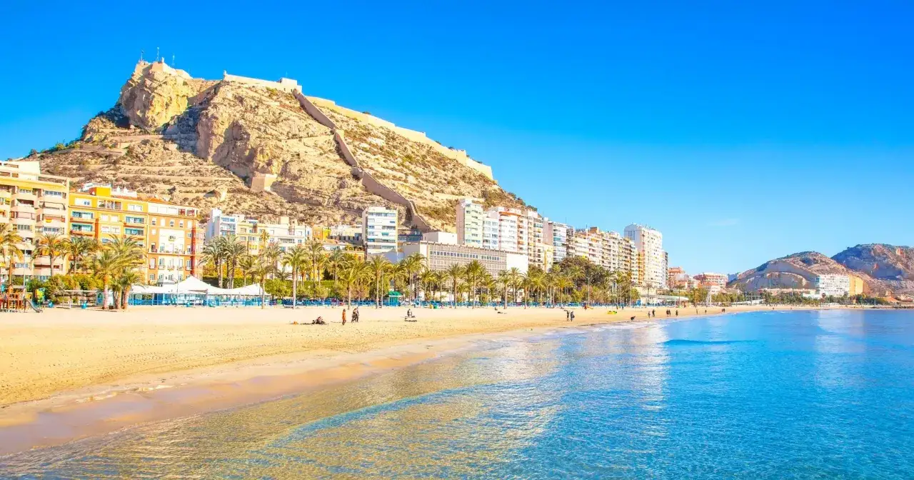 Alicante co zobaczyć: plaża z palmami, miasto i majestatyczny zamek Santa Barbara na wzgórzu.