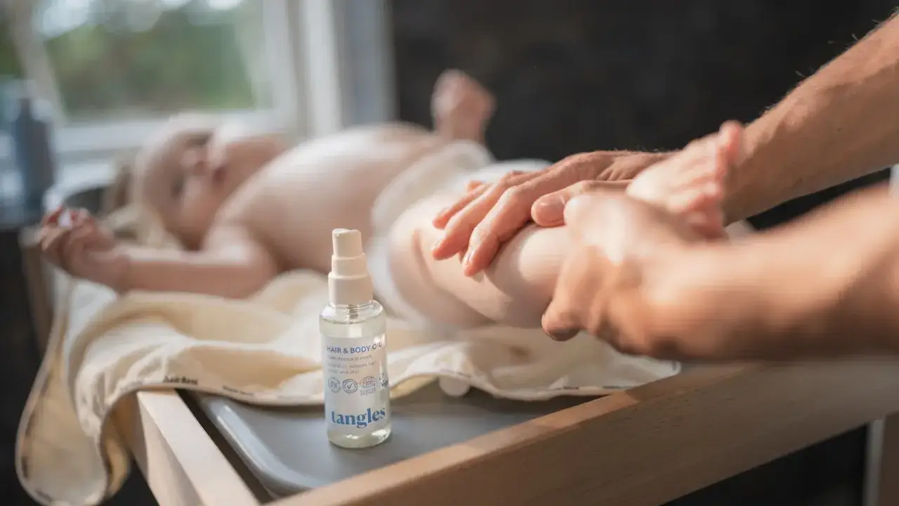 En bebis får massage med babyolja i håret och på kroppen. En flaska med Tangles babyolja står bredvid.