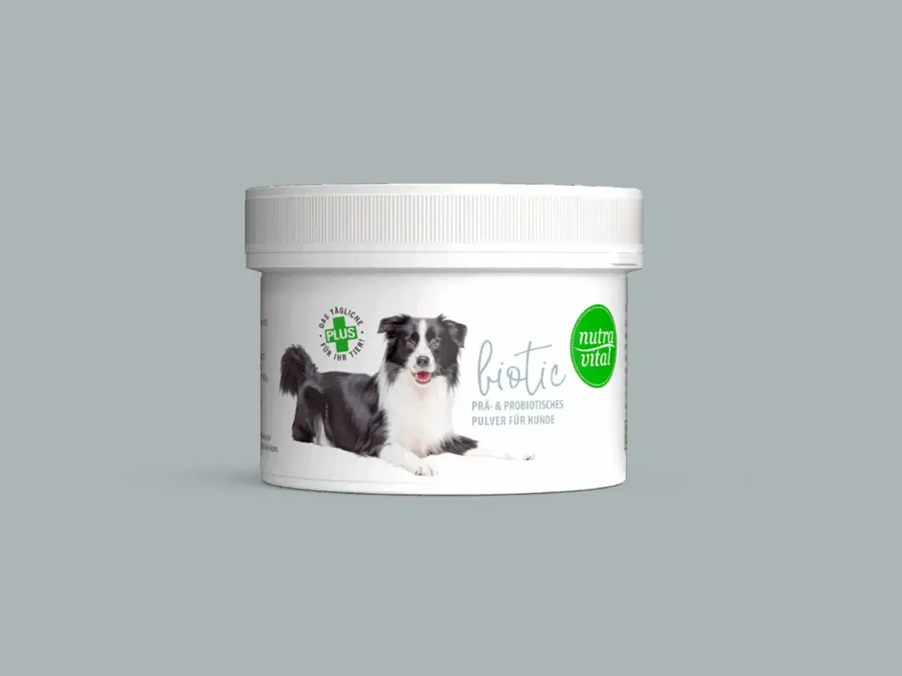 Dose mit Prä- & Probiotischem Pulver für Hunde. Ideal für die Darmsanierung beim Hund.