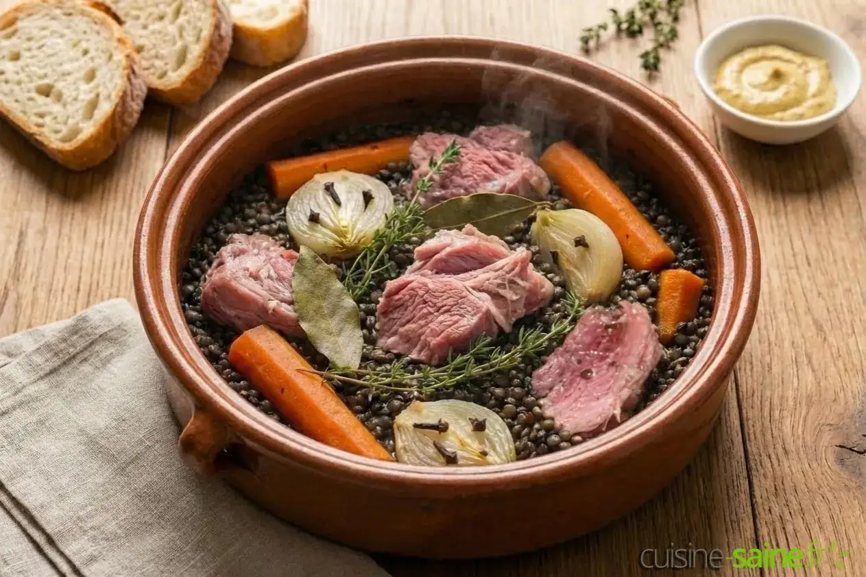 Un plat fumant de petit salé aux lentilles, avec morceaux de viande, carottes, oignons aux clous de girofle et herbes, servi dans une cocotte en terre cuite.