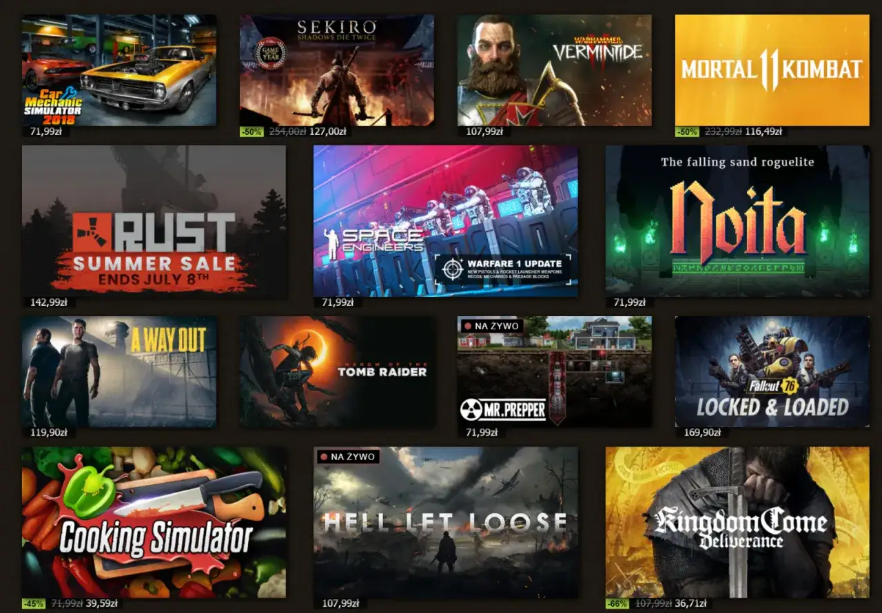 Gry na Steam: Car Mechanic Simulator 2018, Sekiro, Vermintide, Mortal Kombat 11, Rust, Space Engineers, Noita, A Way Out, Tomb Raider, Mr. Prepper, Cooking Simulator, Hell Let Loose, Kingdom Come: Deliverance. Szukasz najtańsza gra na Steam?