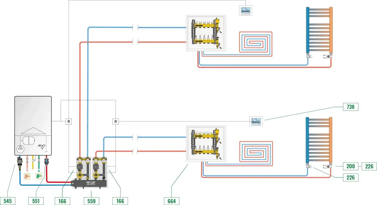 Schema idraulico con caldaia, collettori, riscaldamento a pavimento e radiatori. Componenti caldaia e sistema di distribuzione del calore.