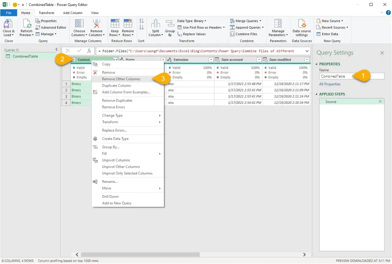 Editor Power Query: rimuovere colonne non necessarie per unire pi&ugrave; file Excel in uno.