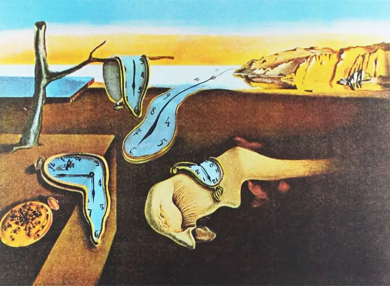 Melting clocks in a surreal landscape, a classic Dali meaning of time's fluidity.