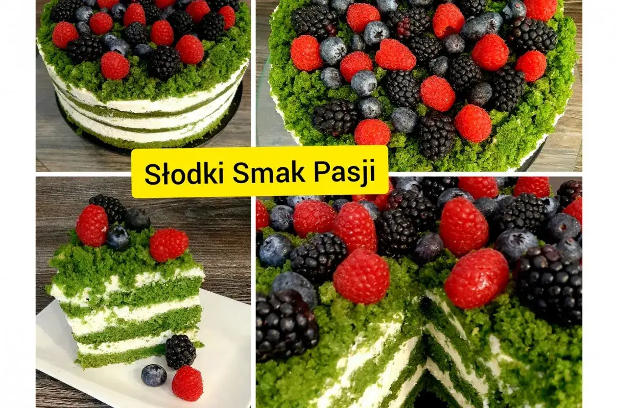Ciasto leśny mech na dużą blachę z serkiem mascarpone, ozdobione świeżymi malinami, borówkami i jeżynami.