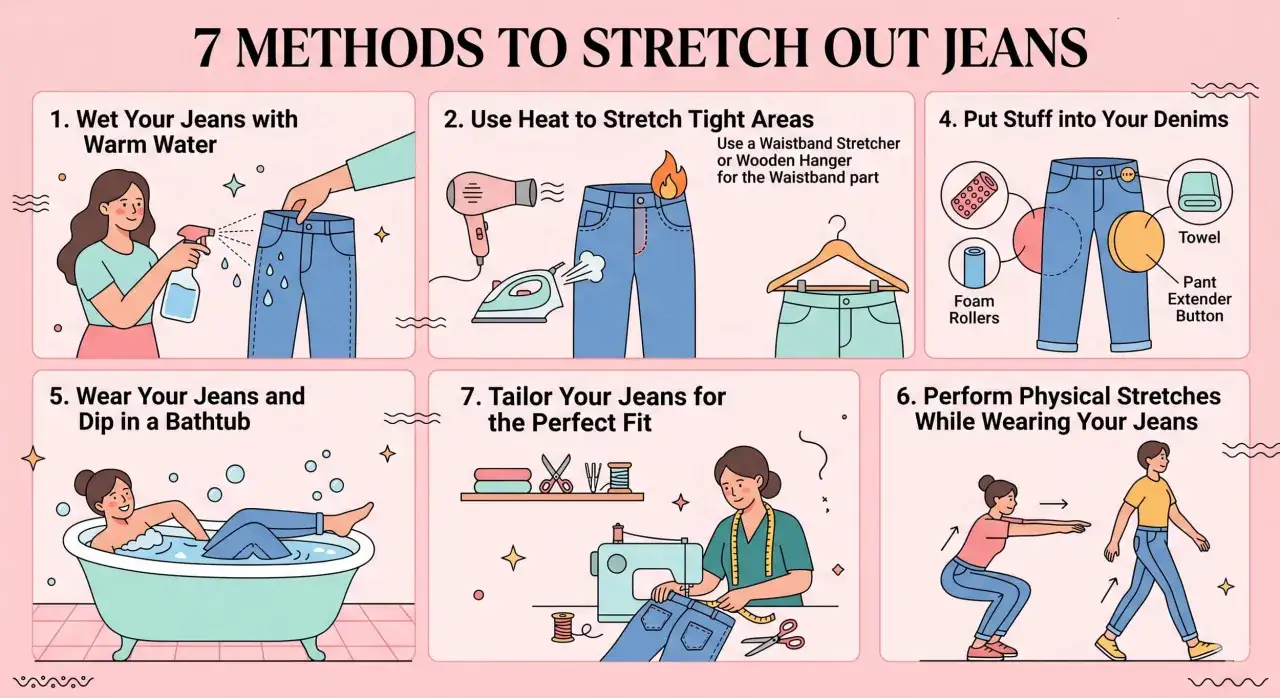 7 métodos para estirar pantalones vaqueros: mojar, usar calor, rellenar, bañarse, coser o hacer ejercicio.