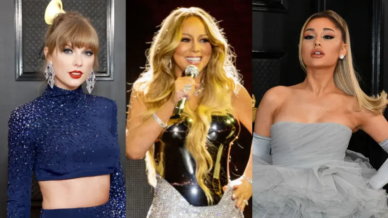 Taylor Swift, Mariah Carey, and Ariana Grande, three music icons, are featured in this image. Imagine them all on a Spotify playlist!