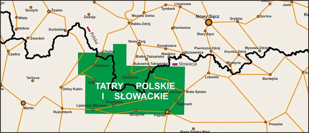 Mapa przedstawia Tatry Polskie i Słowackie, z zaznaczonymi miastami i drogami w górach.