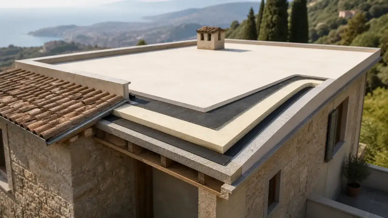 Strati di isolamento termico tetto esterno su una casa con vista panoramica.