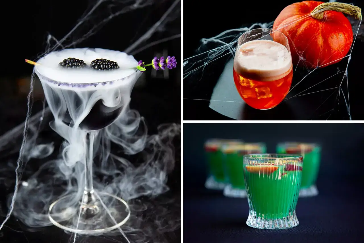 Spöklika drinkar för en skrämmande god halloween. En mörk drink med rök, en orange med pumpa och spindelnät, samt gröna shotar.