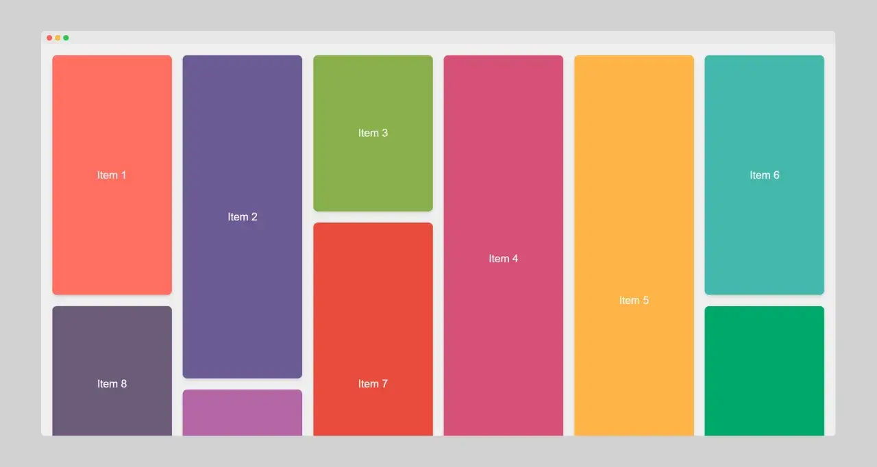 Disposition d'&eacute;l&eacute;ments color&eacute;s, comme un exemple de mise en page **masonry CSS**.