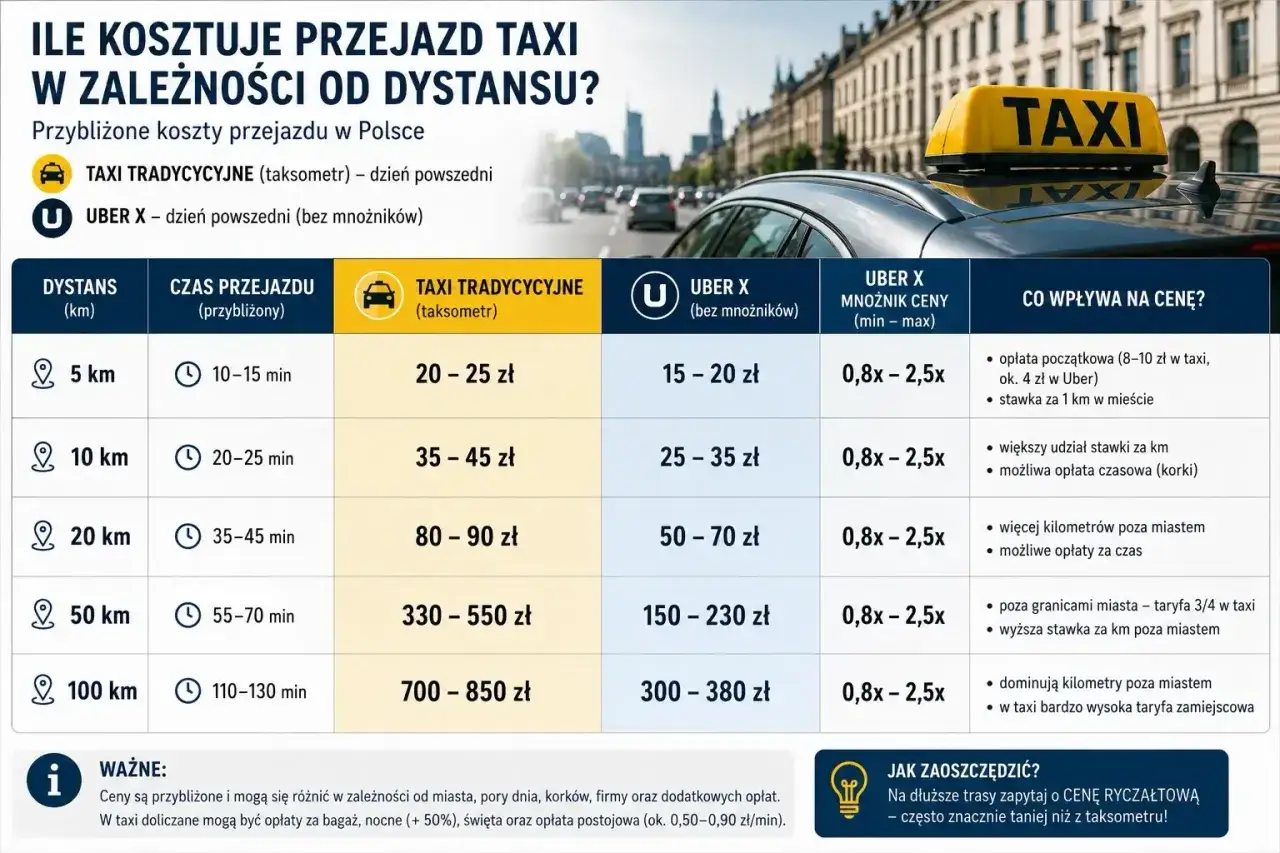 Ile kosztuje taxi za 50 km? Taksówka tradycyjna to 330-550 zł, Uber X 150-230 zł. Ceny zależą od miasta i taryfy.