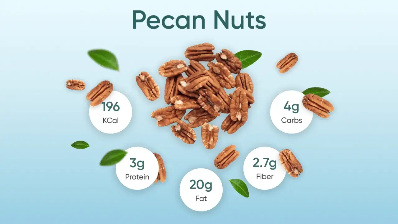 Noix de pécan : 196 kcal, 3g protéines, 20g lipides, 4g glucides, 2.7g fibres. Découvrez les noix de pécan bienfait !