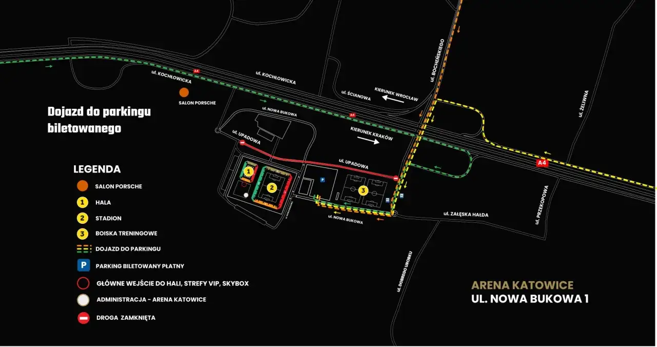Mapa dojazdu do nowego stadionu GKS Katowice przy ul. Nowa Bukowa 1. Pokazuje drogi, parkingi i obiekty: halę, stadion, boiska treningowe.