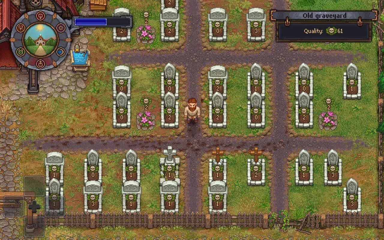 Postać w grze Graveyard Keeper, stojąca na cmentarzu. Wskazówki do gry.