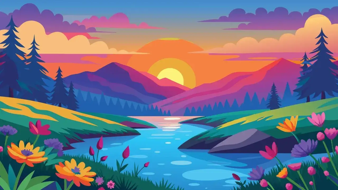 Vibrant landscape photography sunset over mountains, with a river flowing through colorful hills and wildflowers.