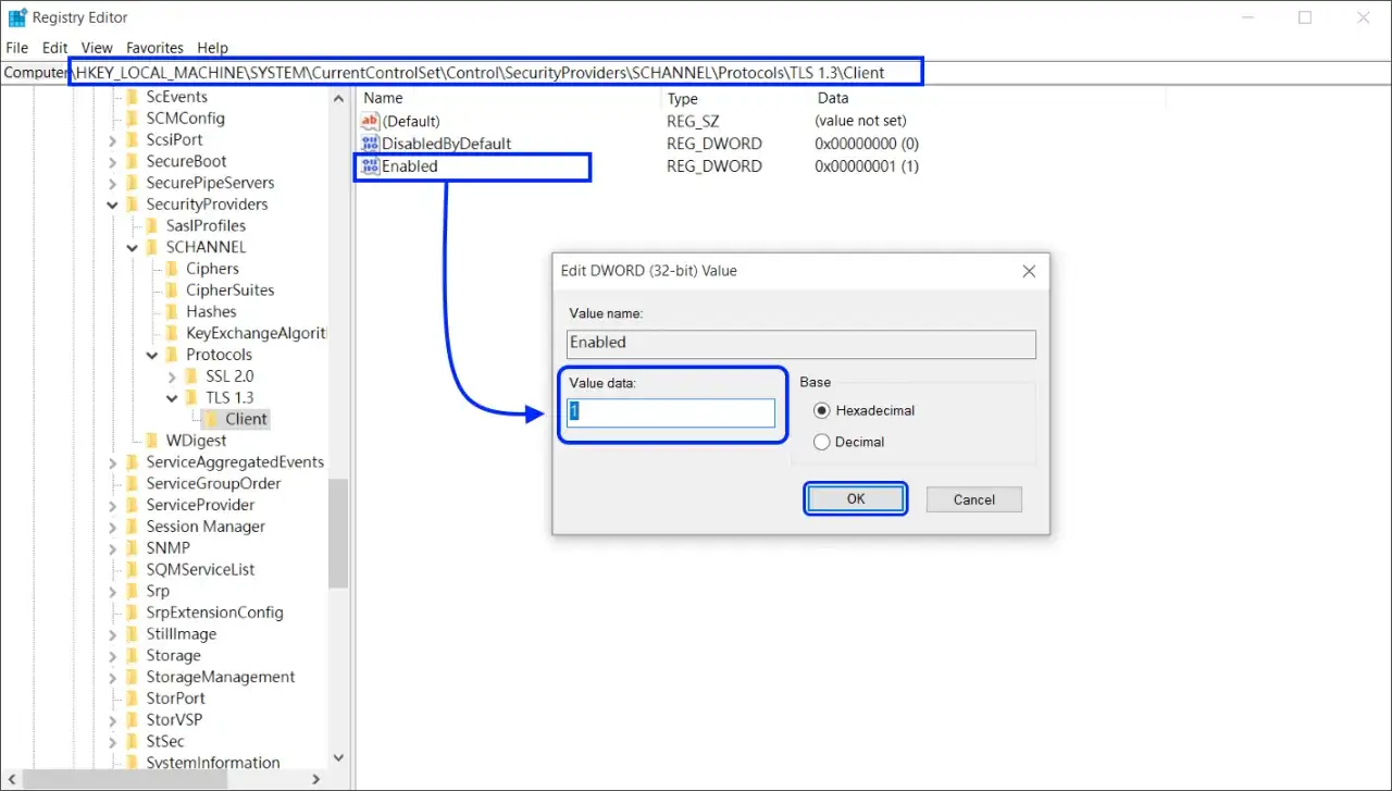 Registry Editor shows how to disable TLS 1.3 by changing the