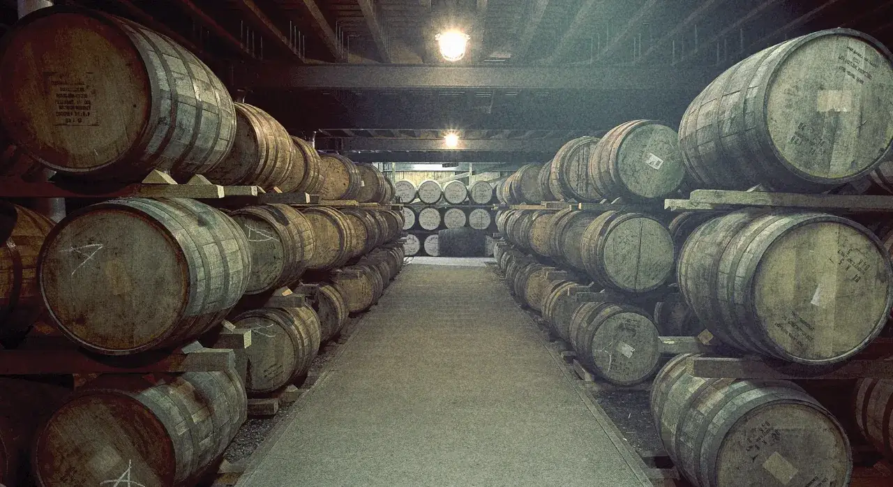Rzędy beczek z whisky w magazynie. Czy whisky może dojrzewać w butelce? Mit o starzeniu po zakupie obalony przez te beczki.