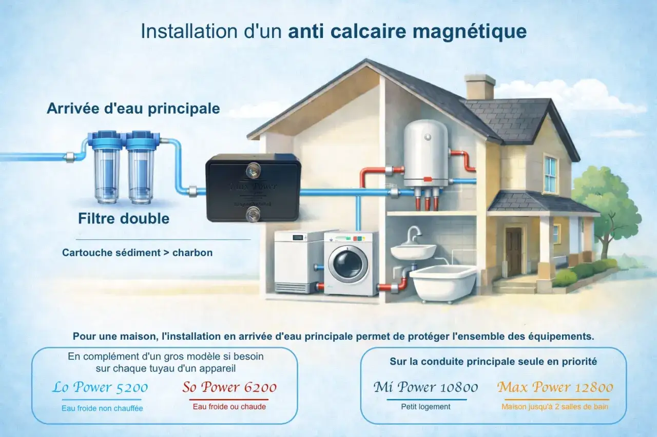 Installation d'un syst&egrave;me anti calcaire magn&eacute;tique sur l'arriv&eacute;e d'eau principale pour lutter contre l'eau dure et prot&eacute;ger les appareils m&eacute;nagers.