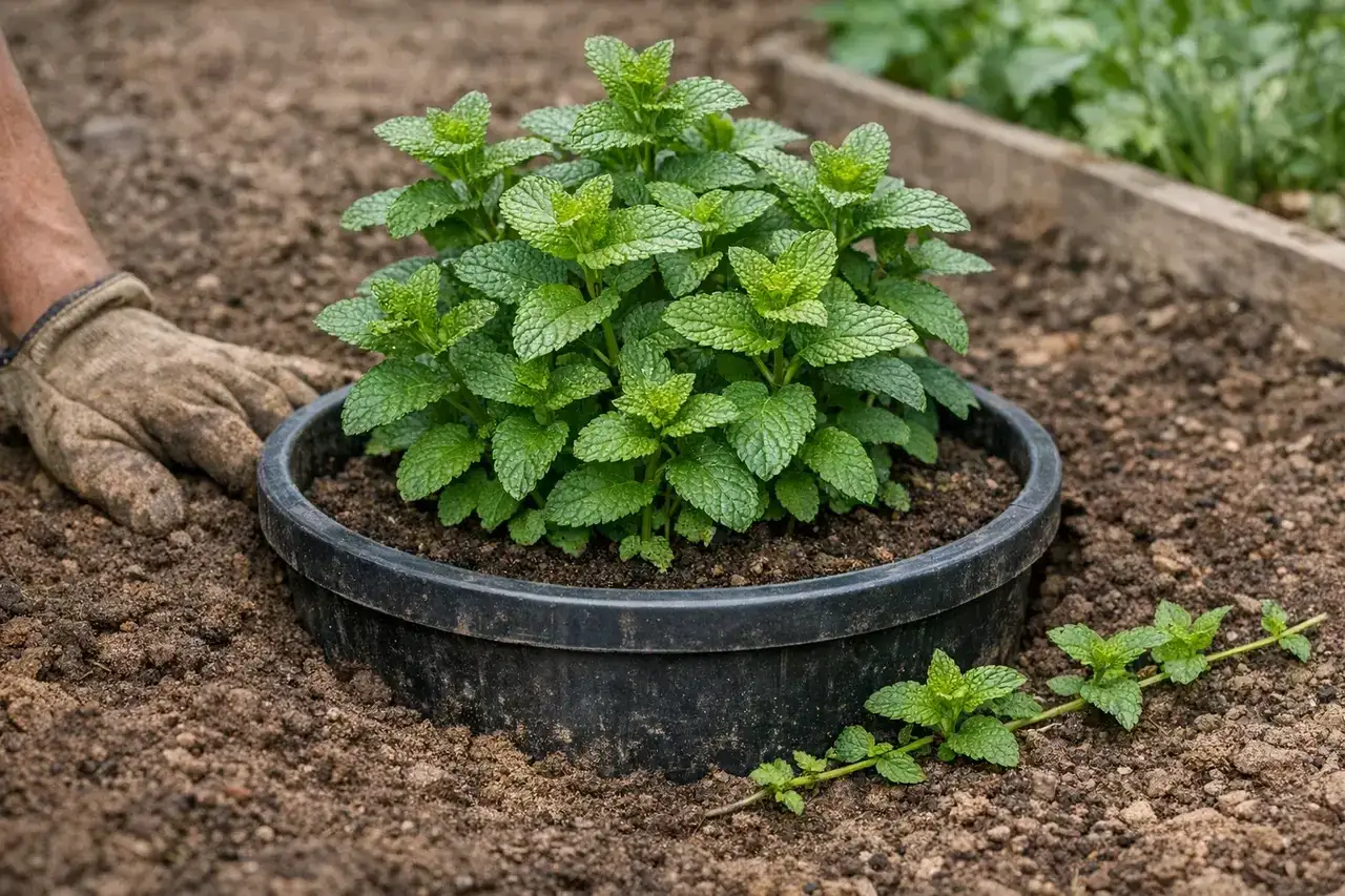 Main d'un jardinier ganté en train de planter de la menthe dans un pot noir, entouré de terre.