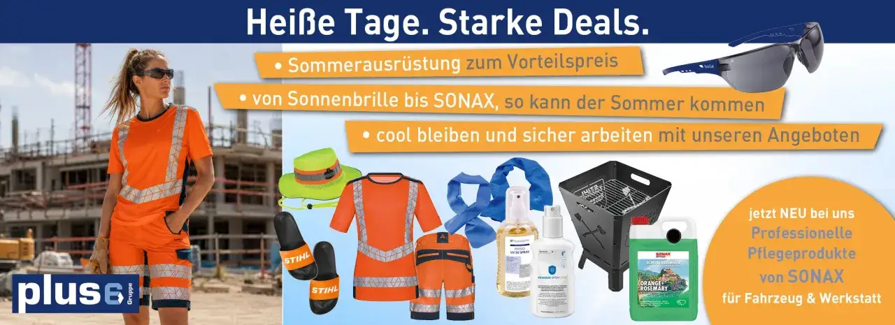Eine Frau im orangefarbenen Arbeitsoutfit, bereit für den Sommer. Angebote für blue collar worker deutsch, von Sonnenbrillen bis SONAX.