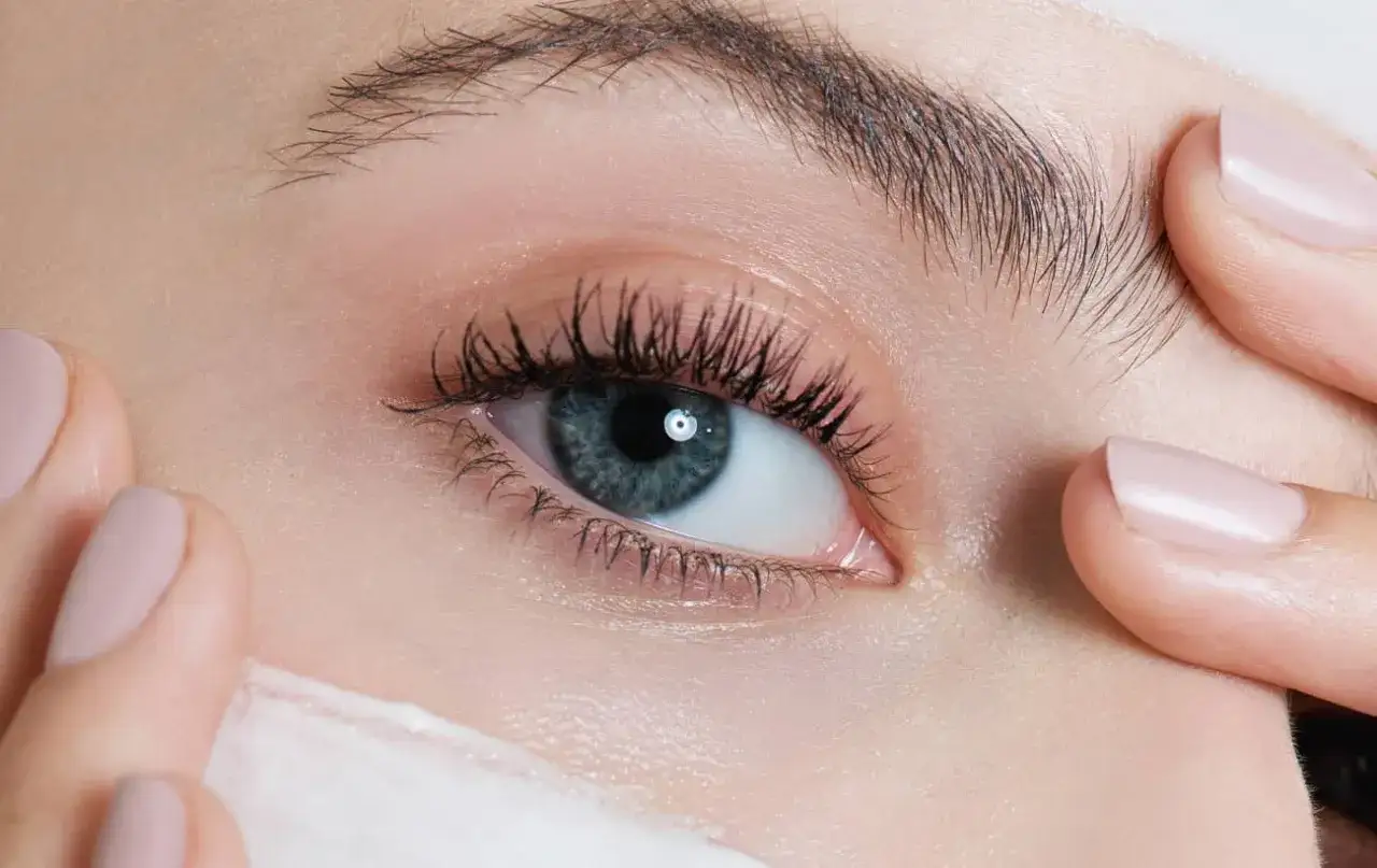 Ojo con pestañas largas y oscuras. Dedos con uñas claras aplican crema, un secreto para como hacer crecer las pestañas.
