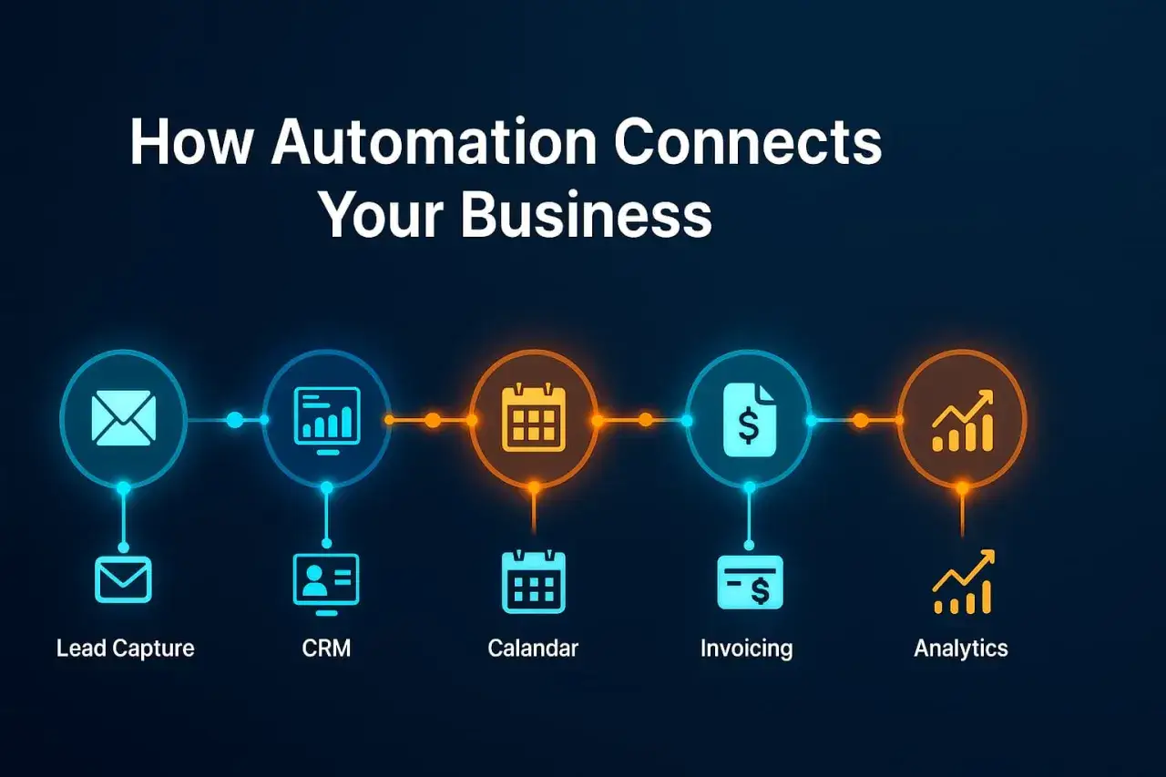 Flusso di lavoro automatizzato: dalla lead capture al CRM, calendario, fatturazione e analisi per un business connesso.