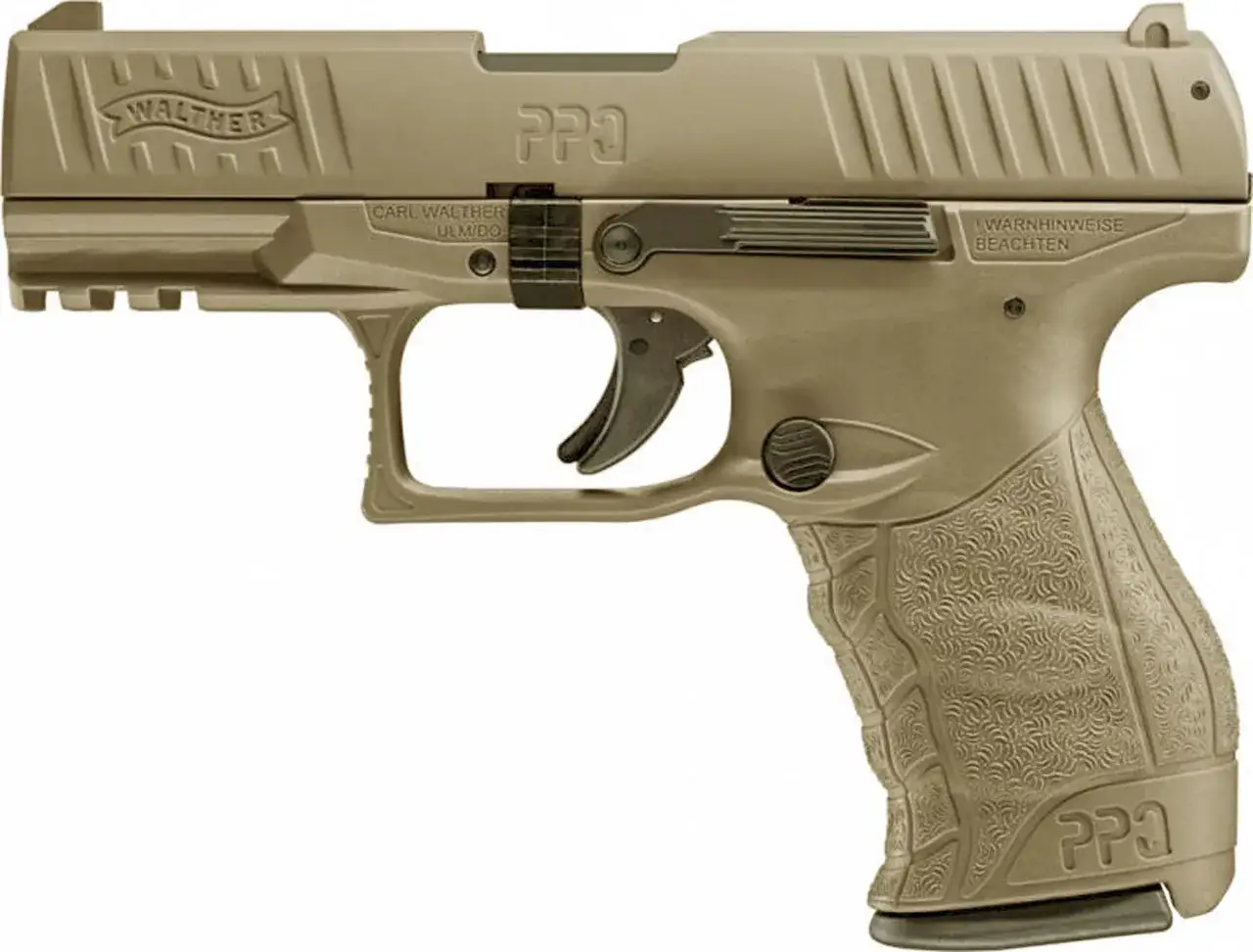 Un pistolet Walther PPQ, un interieur canon pistolet &agrave; blanc, de couleur sable, avec des marquages.