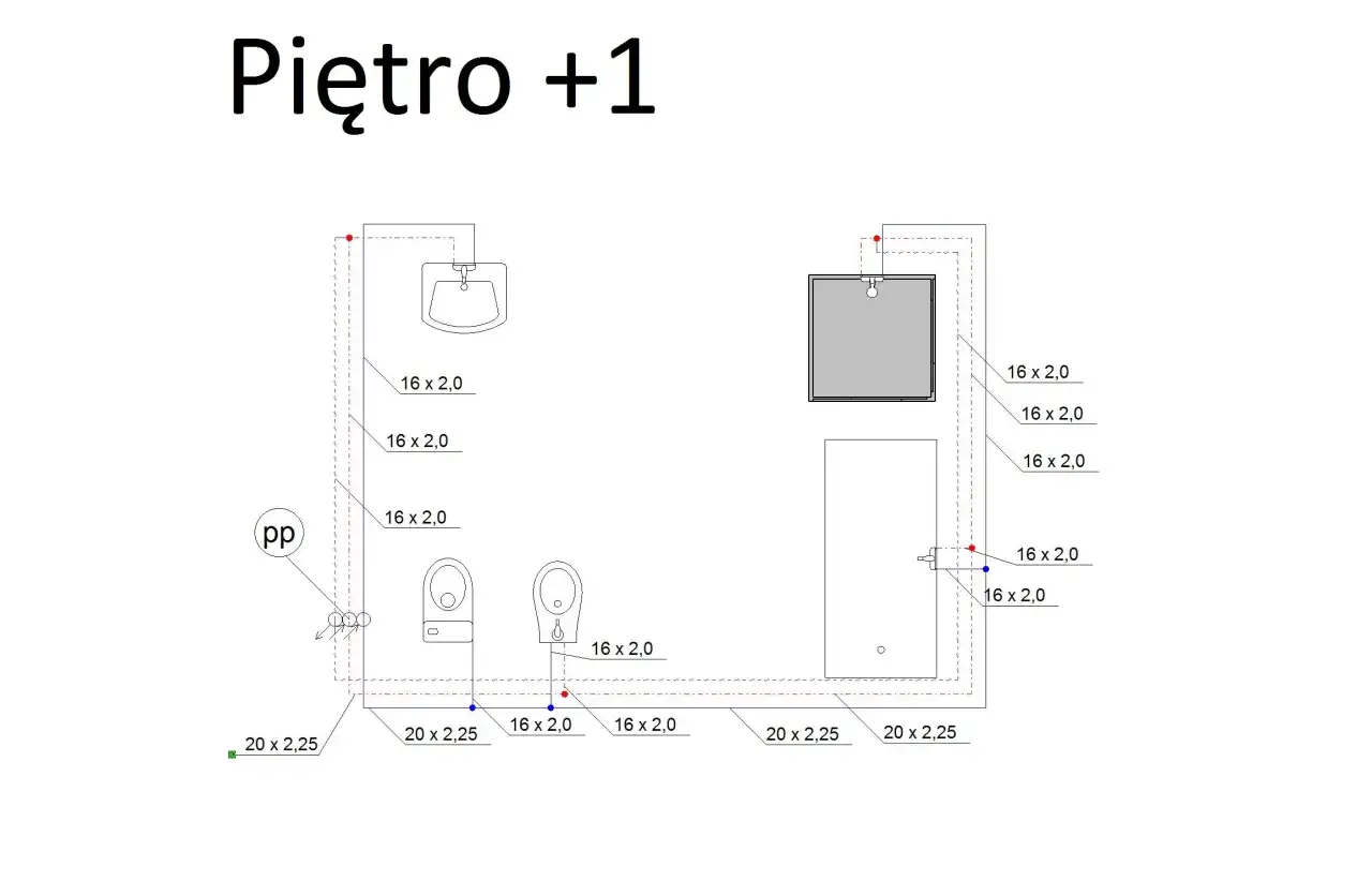 Schemat instalacji wodnej na piętrze +1. Widoczne przyłącza do umywalki, WC i prysznica. Jaka średnica rury do wody? Widać rury 16x2,0 i 20x2,25.