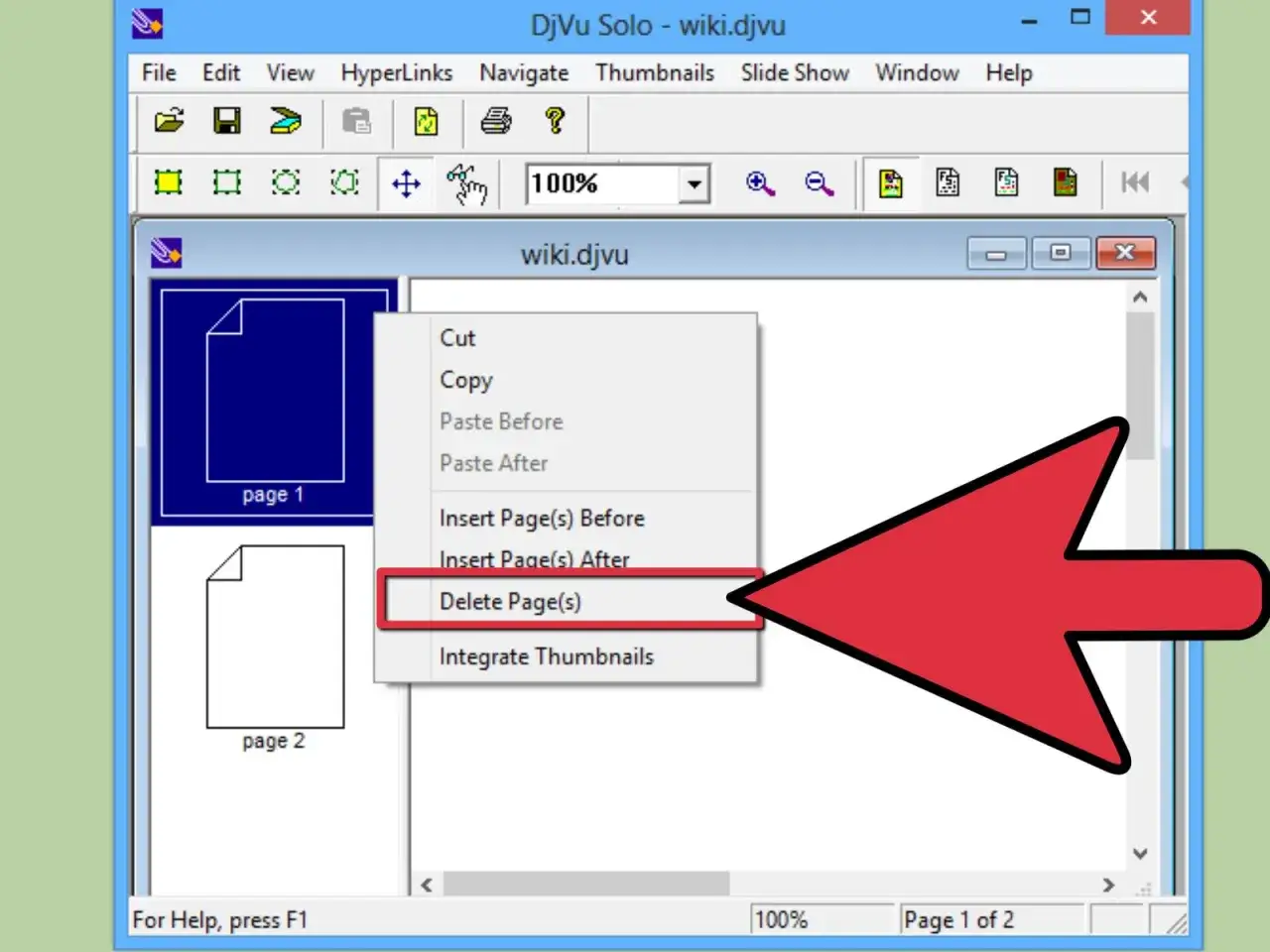 Menu contextuel dans DjVu Solo, option 