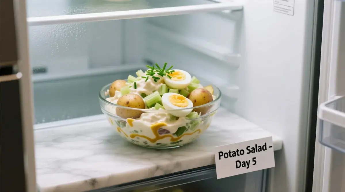 Salade de pommes de terre conserv&eacute;e dans un contenant herm&eacute;tique au r&eacute;frig&eacute;rateur