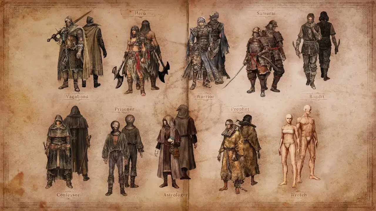 Ilustracja przedstawia różne **Elden Ring klasy**: Vagabond, Hero, Warrior, Samurai, Bandit, Prisoner, Prophet, Confessor, Astrologer i Wretch.