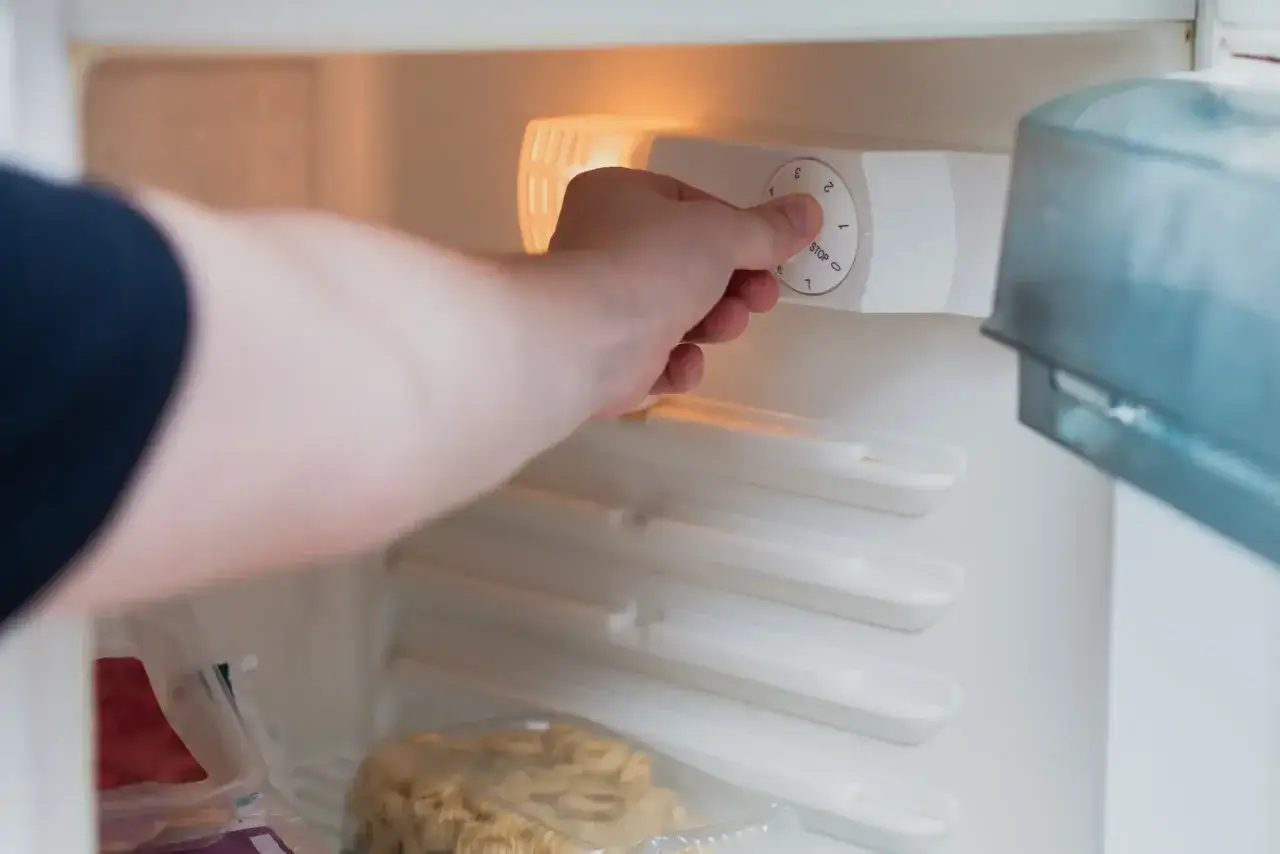 Main tenant ajuste le bouton de température du congélateur. On voit des aliments congelés.