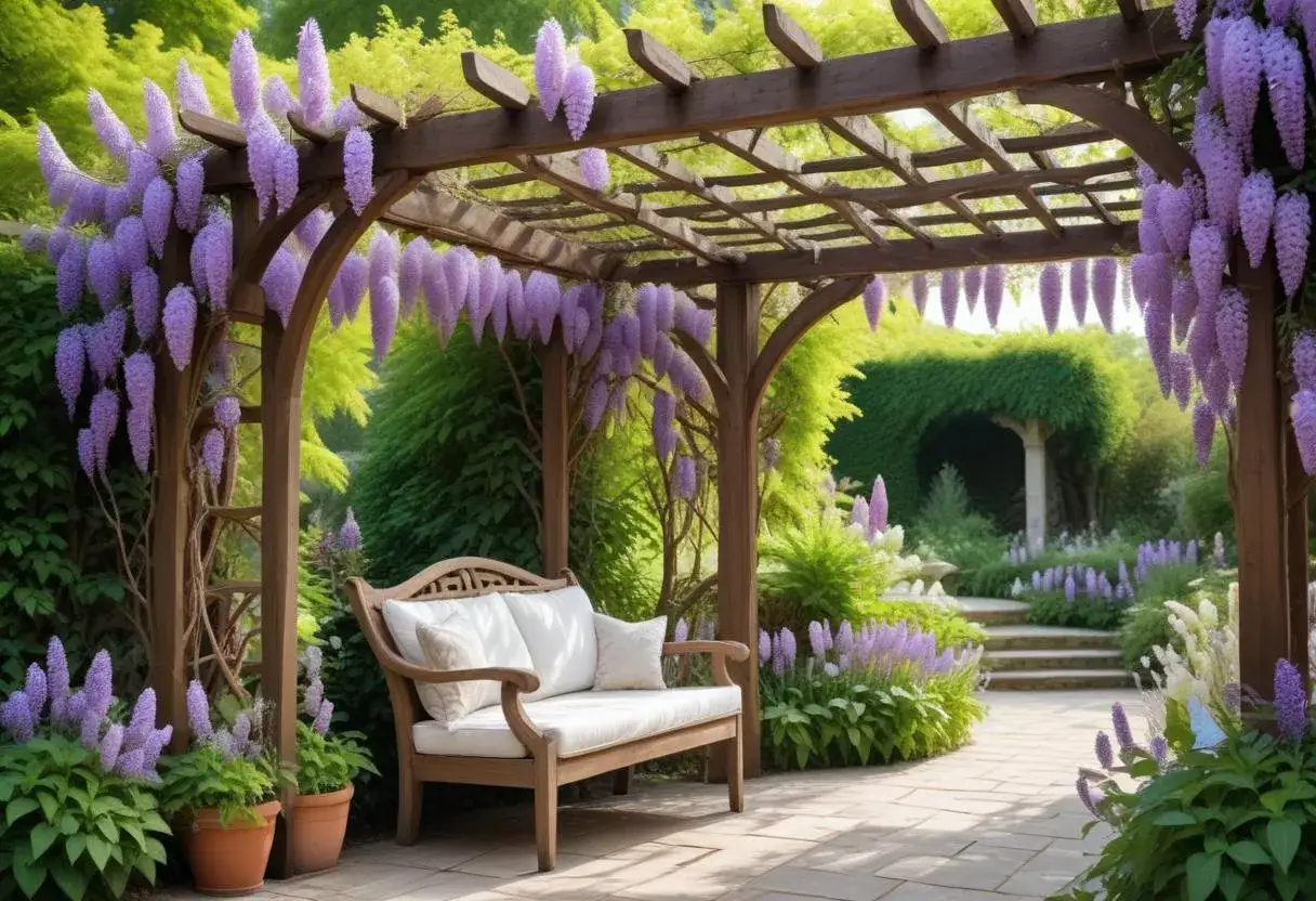 En tr&auml;pergola t&auml;ckt av h&auml;ngande lila bl&aring;regn. En b&auml;nk med vita kuddar st&aring;r under, inbjudande till en stunds vila i den lummiga tr&auml;dg&aring;rden.