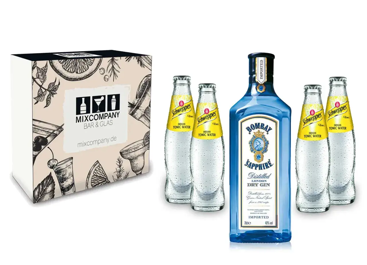 Bombay Sapphire Gin mit 40% vol Alkoholgehalt, vier Flaschen Schweppes Indian Tonic Water und ein Geschenkset f&uuml;r Cocktails.