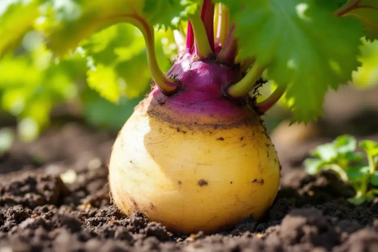 Un rutabaga jaune et violet pousse dans la terre. La culture du rutabaga est une tradition ancestrale.
