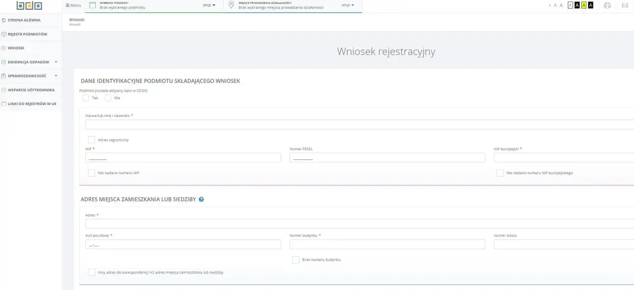 Formularz wniosku rejestracyjnego. Wypełnianie danych identyfikacyjnych i adresu zamieszkania lub siedziby.