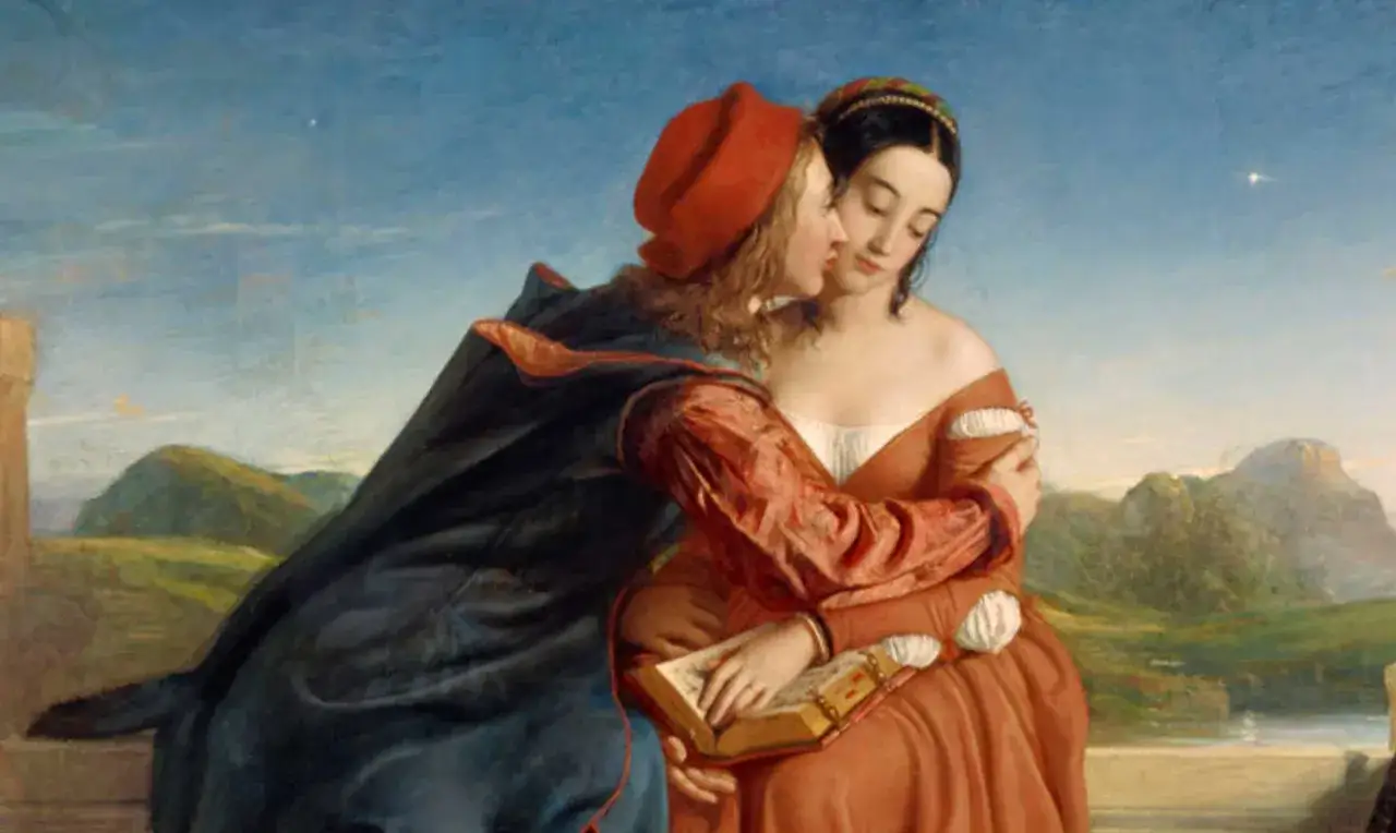Un hombre con sombrero rojo besa a una mujer que sostiene un libro. Paisaje rom&aacute;ntico, t&iacute;pico de las obras del romanticismo.